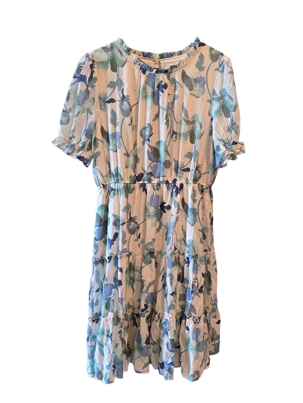 💜 HAYDEN 1XL Cream Blue Short Sleeve Midi Dress Boutique Floral